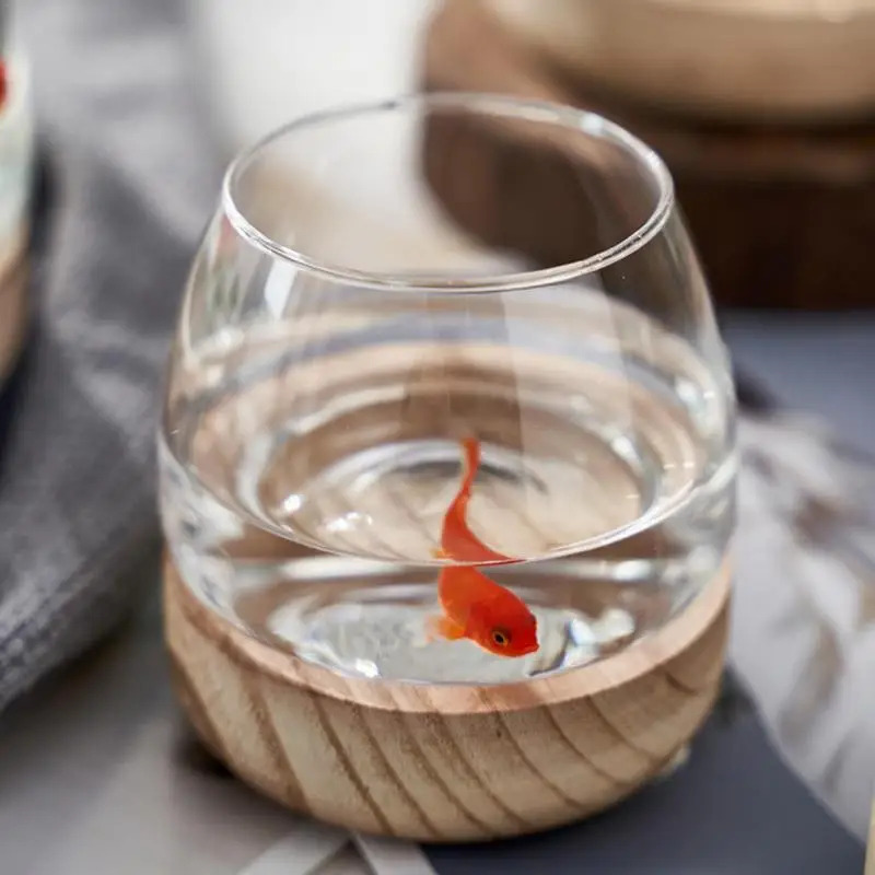 Planted Aquarium For Goldfish - Dekoratives rundes Glas-Aquarium mit Holzsockel –
